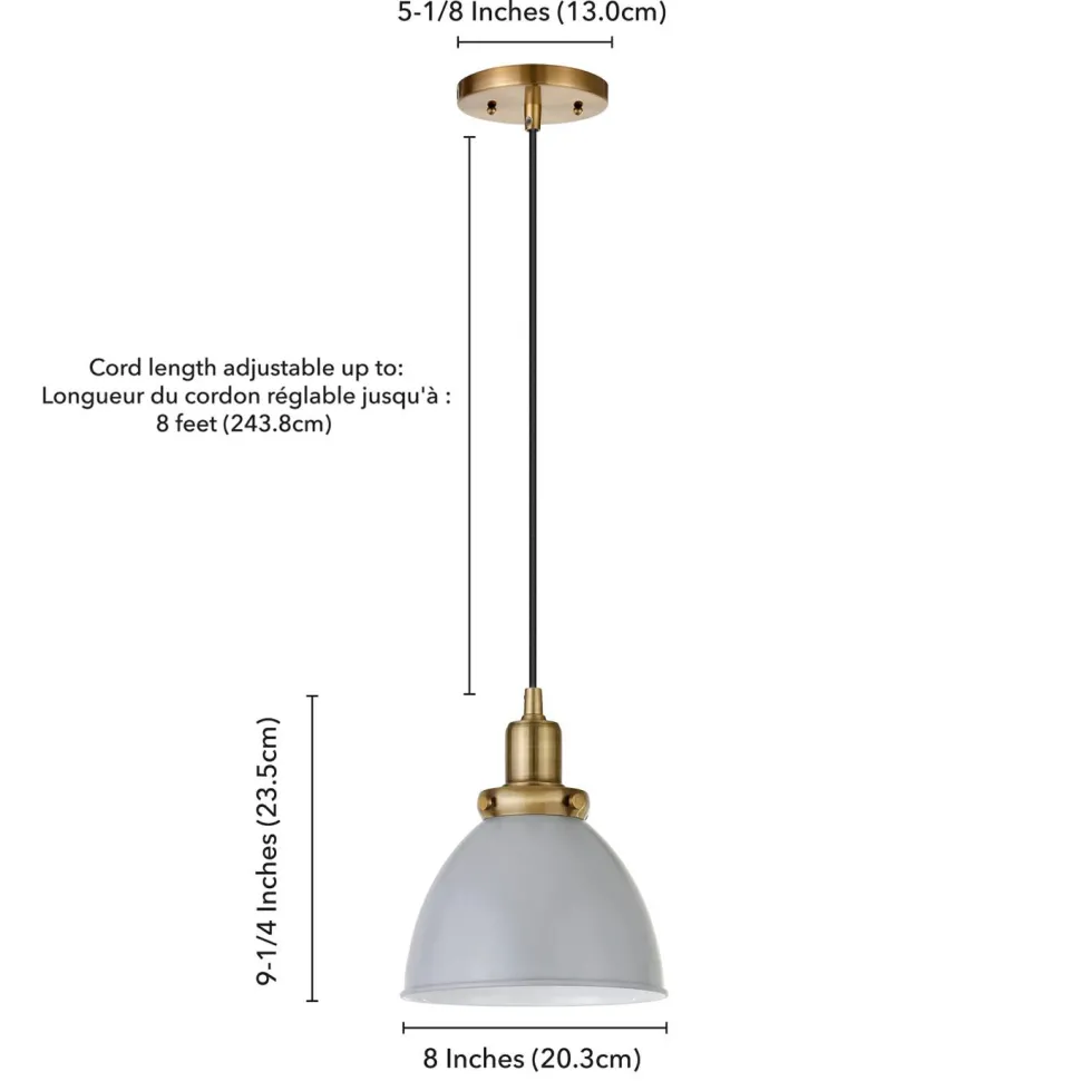 Madison 8" Wide Pendant with Metal Shade in Cool Gray/Brass/Cool Gray