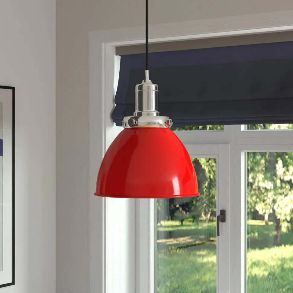 Madison 12" Wide Pendant with Metal Shade in Poppy Red/Polished Nickel/Poppy Red