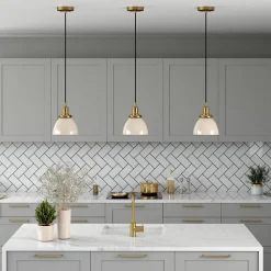 Madison 8" Wide Pendant with Metal Shade in Pearled White/Brass/Pearled White