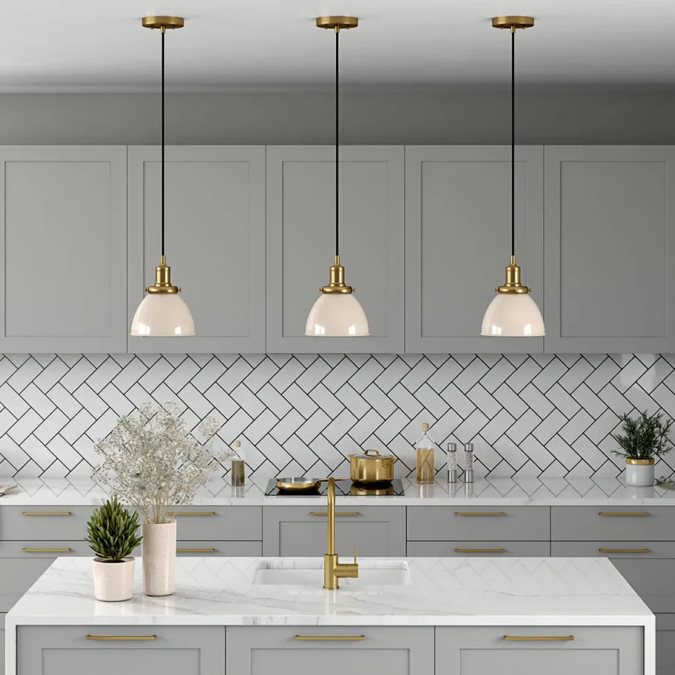 Madison 8" Wide Pendant with Metal Shade in Pearled White/Brass/Pearled White