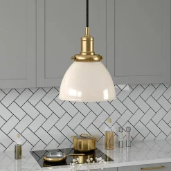 Madison 8" Wide Pendant with Metal Shade in Pearled White/Brass/Pearled White