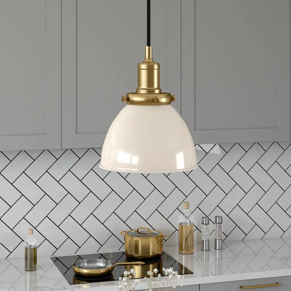 Madison 8" Wide Pendant with Metal Shade in Pearled White/Brass/Pearled White