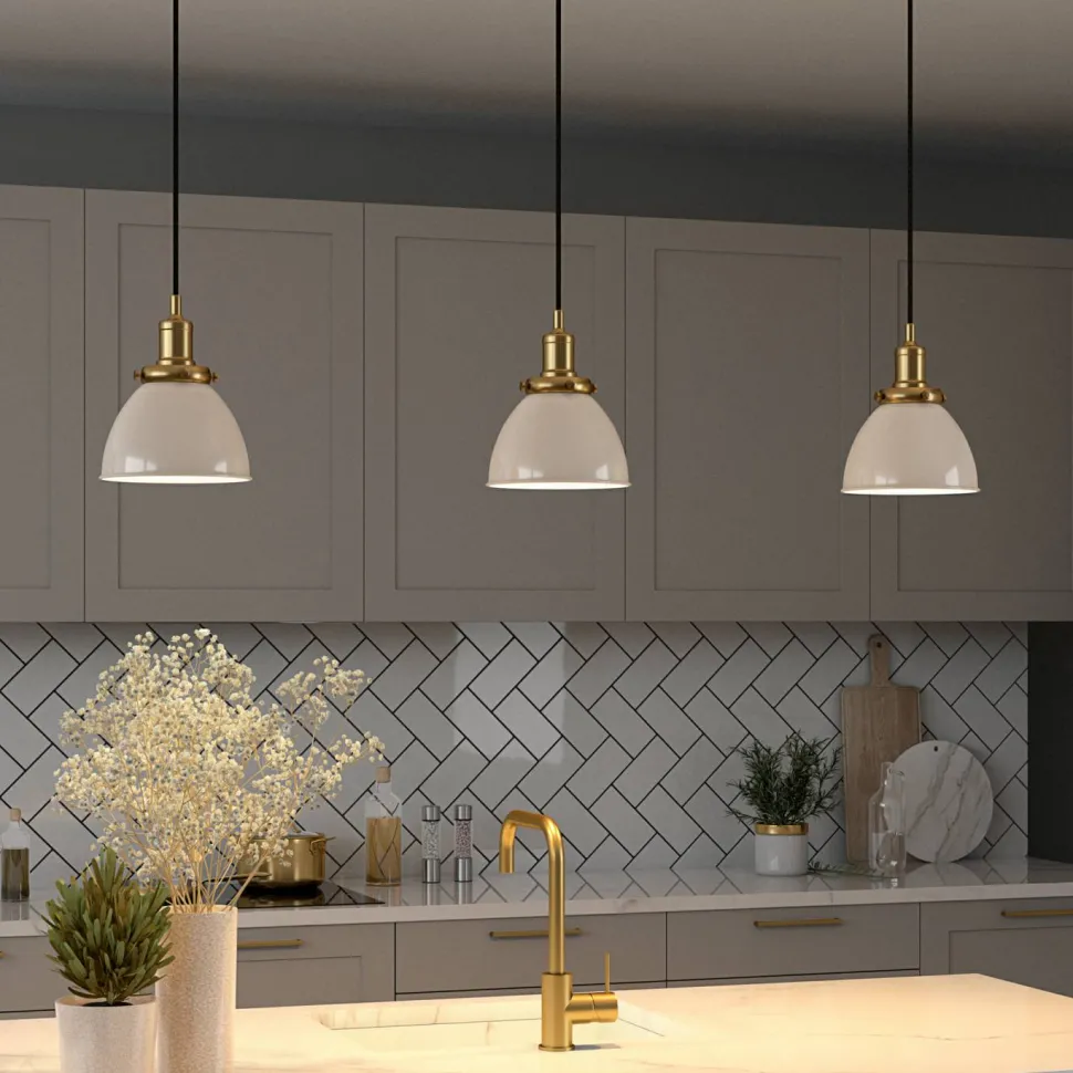 Madison 8" Wide Pendant with Metal Shade in Pearled White/Brass/Pearled White