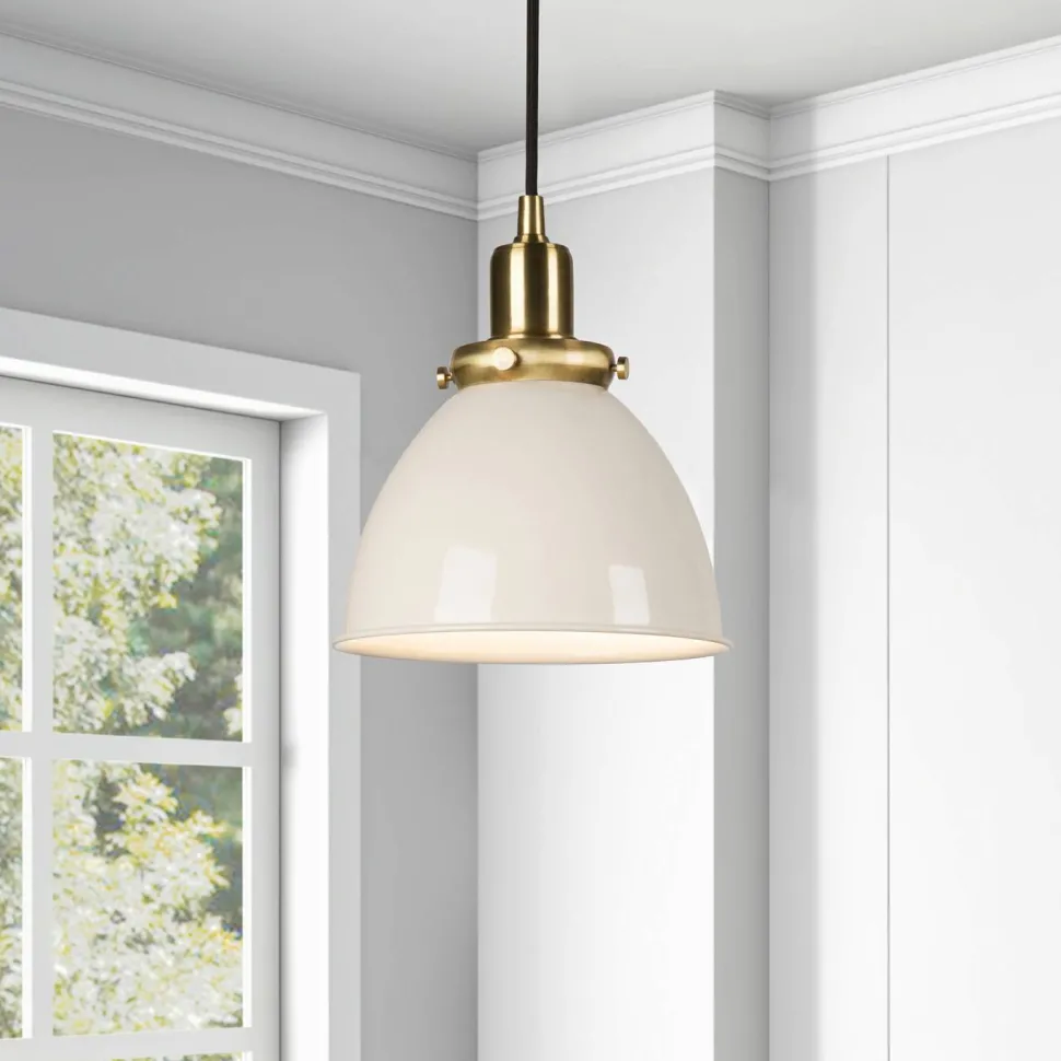 Madison 8" Wide Pendant with Metal Shade in Pearled White/Brass/Pearled White