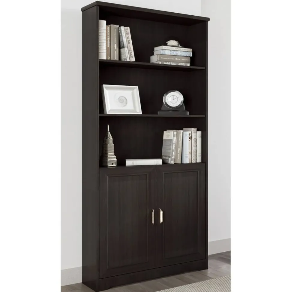 Magellan 72"H 5-Shelf Contemporary Bookcase With Doors, Espresso/Dark Finish