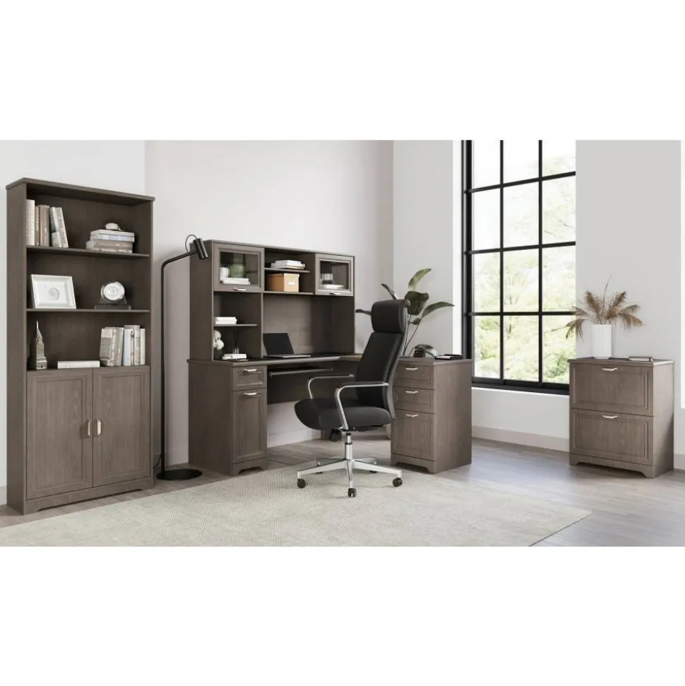 Magellan 72"H 5-Shelf Contemporary Bookcase With Doors, Gray/Medium Finish