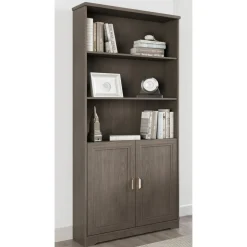Magellan 72"H 5-Shelf Contemporary Bookcase With Doors, Gray/Medium Finish