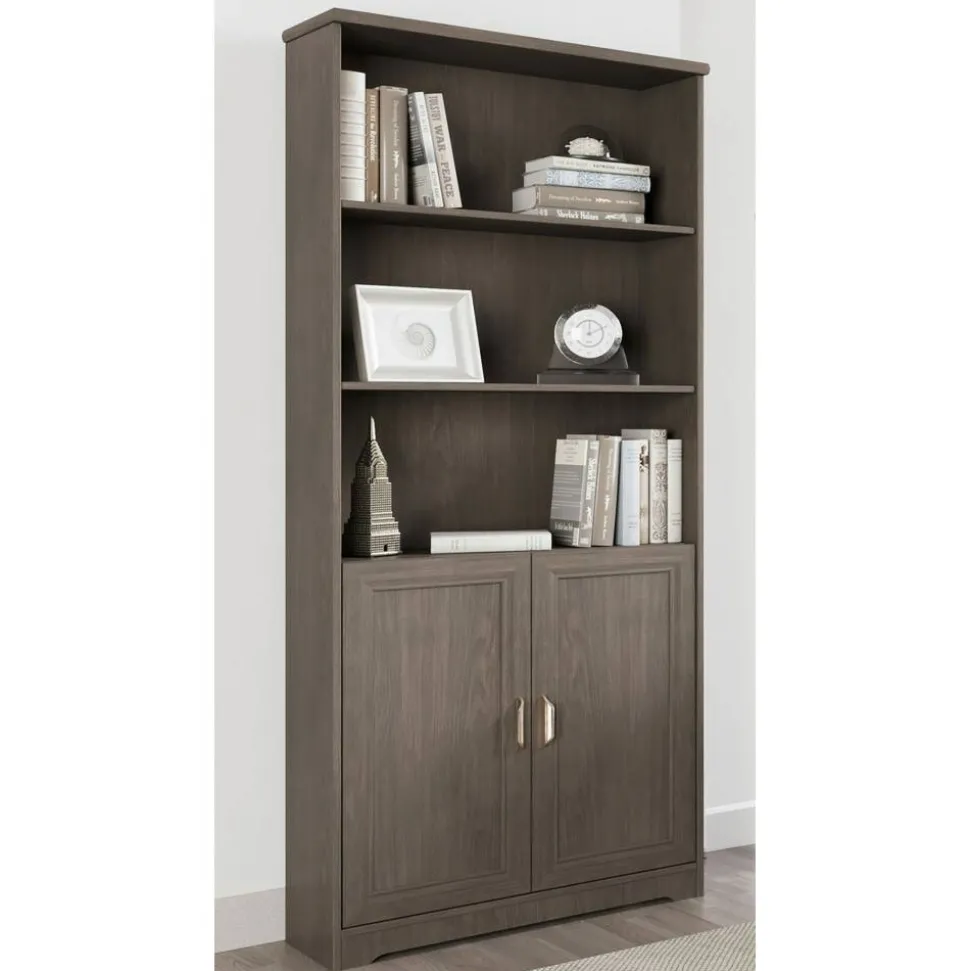 Magellan 72"H 5-Shelf Contemporary Bookcase With Doors, Gray/Medium Finish