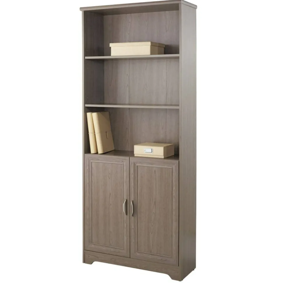 Magellan 72"H 5-Shelf Contemporary Bookcase With Doors, Gray/Medium Finish