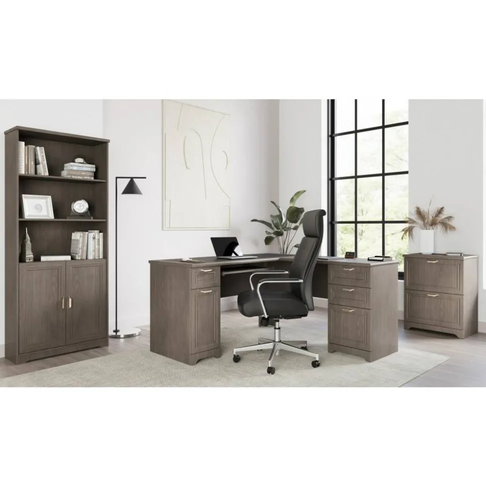 Magellan 72"H 5-Shelf Contemporary Bookcase With Doors, Gray/Medium Finish