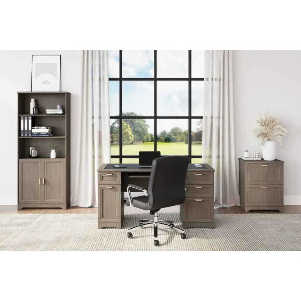 Magellan 72"H 5-Shelf Contemporary Bookcase With Doors, Gray/Medium Finish