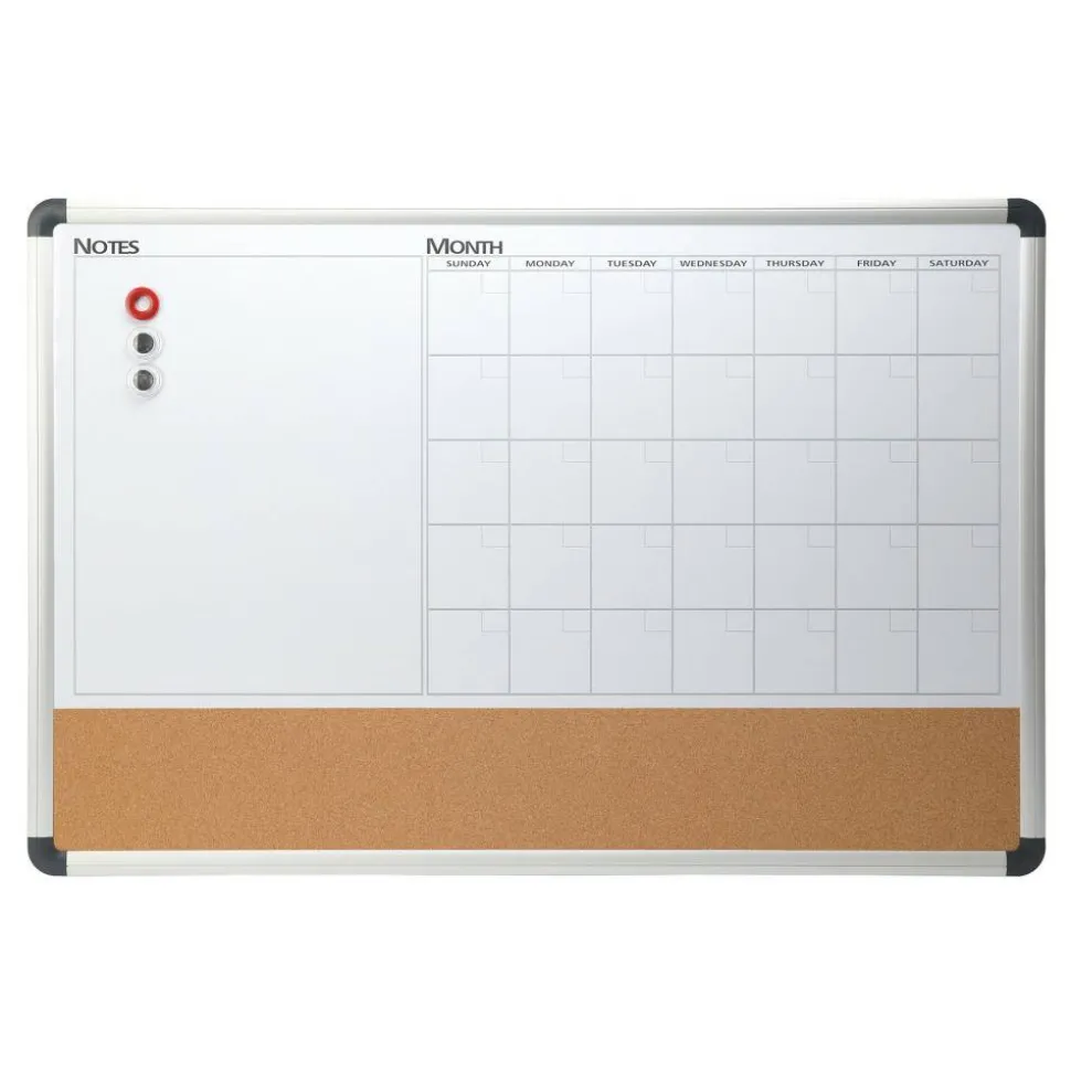 Magnetic Dry-Erase Whiteboard/Cork Calendar Board, 24" x 36", Silver Aluminum Frame