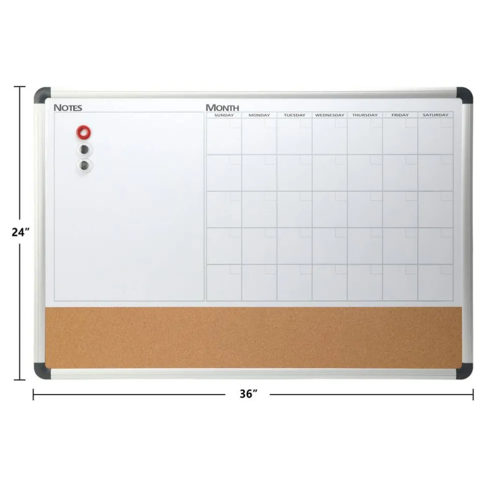 Magnetic Dry-Erase Whiteboard/Cork Calendar Board, 24" x 36", Silver Aluminum Frame