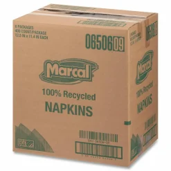 Marcal 1-Ply Luncheon Napkins, 12-1/2"H x 11-1/4"W, 100% Recycled Paper, White, 400 Napkins Per Pack, 6 Packs Per Carton