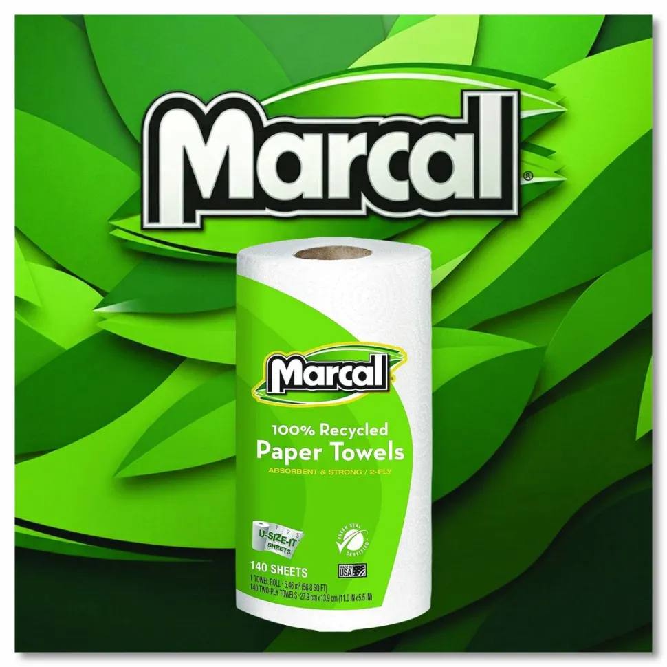 Marcal 100% Premium Recycled Kitchen Roll Towels, Roll Out Box, 2 Ply, 11 x 5.5, White, 140 Sheets, 12 Rolls/Carton