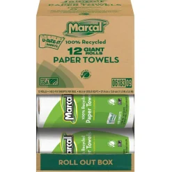 Marcal 100% Premium Recycled Kitchen Roll Towels, Roll Out Box, 2 Ply, 11 x 5.5, White, 140 Sheets, 12 Rolls/Carton