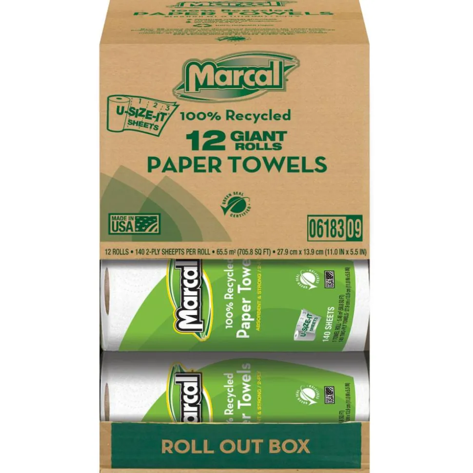 Marcal 100% Premium Recycled Kitchen Roll Towels, Roll Out Box, 2 Ply, 11 x 5.5, White, 140 Sheets, 12 Rolls/Carton