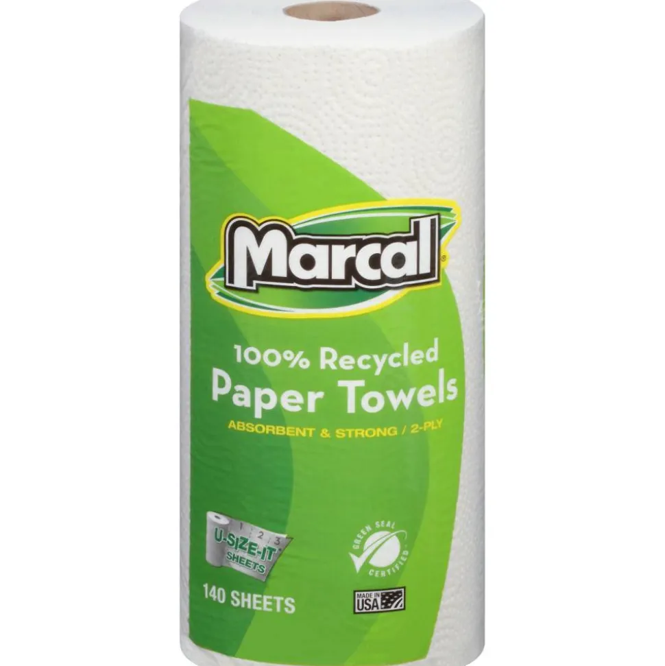 Marcal 100% Premium Recycled Kitchen Roll Towels, Roll Out Box, 2 Ply, 11 x 5.5, White, 140 Sheets, 12 Rolls/Carton