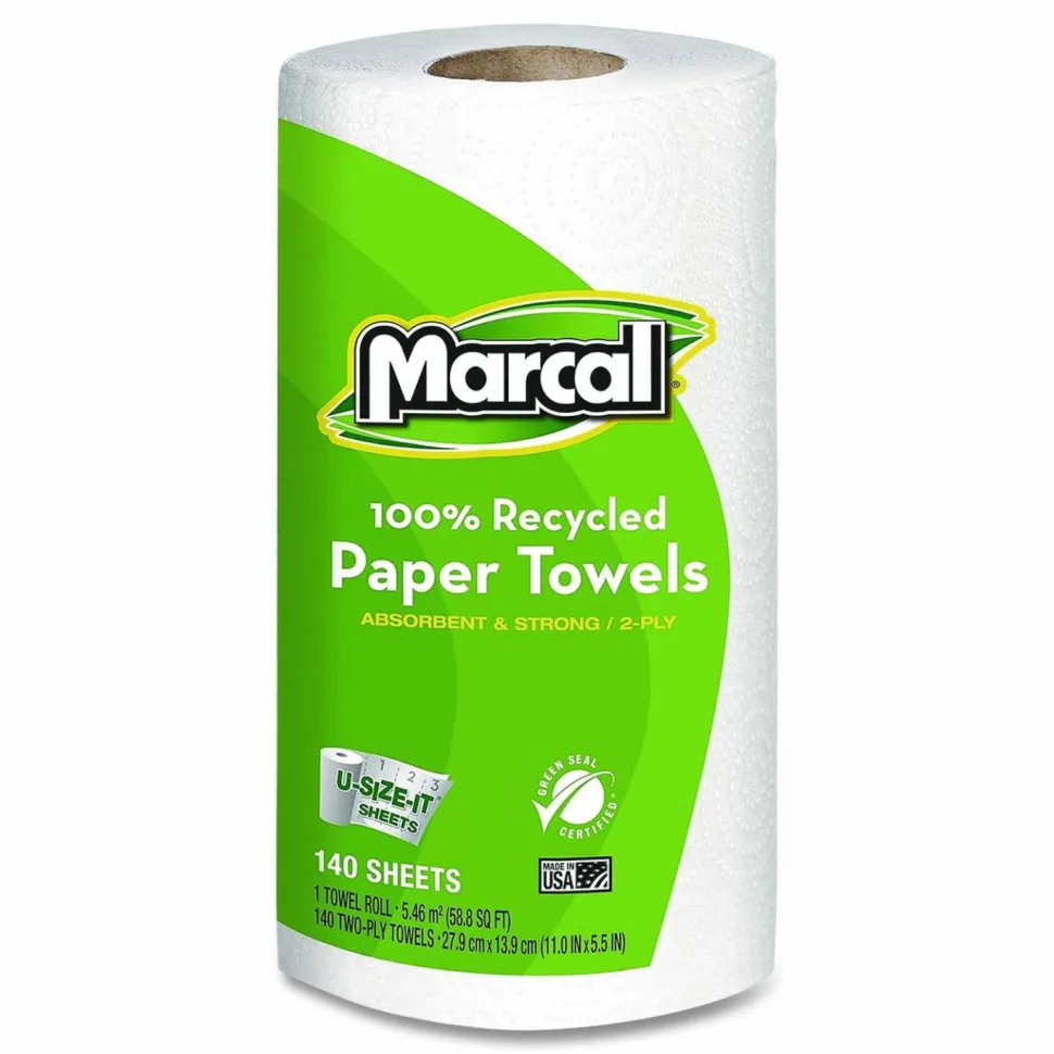 Marcal 100% Premium Recycled Kitchen Roll Towels, Roll Out Box, 2 Ply, 11 x 5.5, White, 140 Sheets, 12 Rolls/Carton