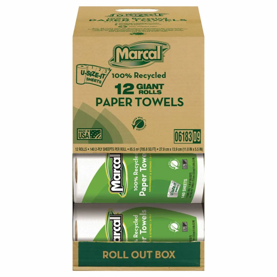 Marcal 100% Premium Recycled Kitchen Roll Towels, Roll Out Box, 2 Ply, 11 x 5.5, White, 140 Sheets, 12 Rolls/Carton
