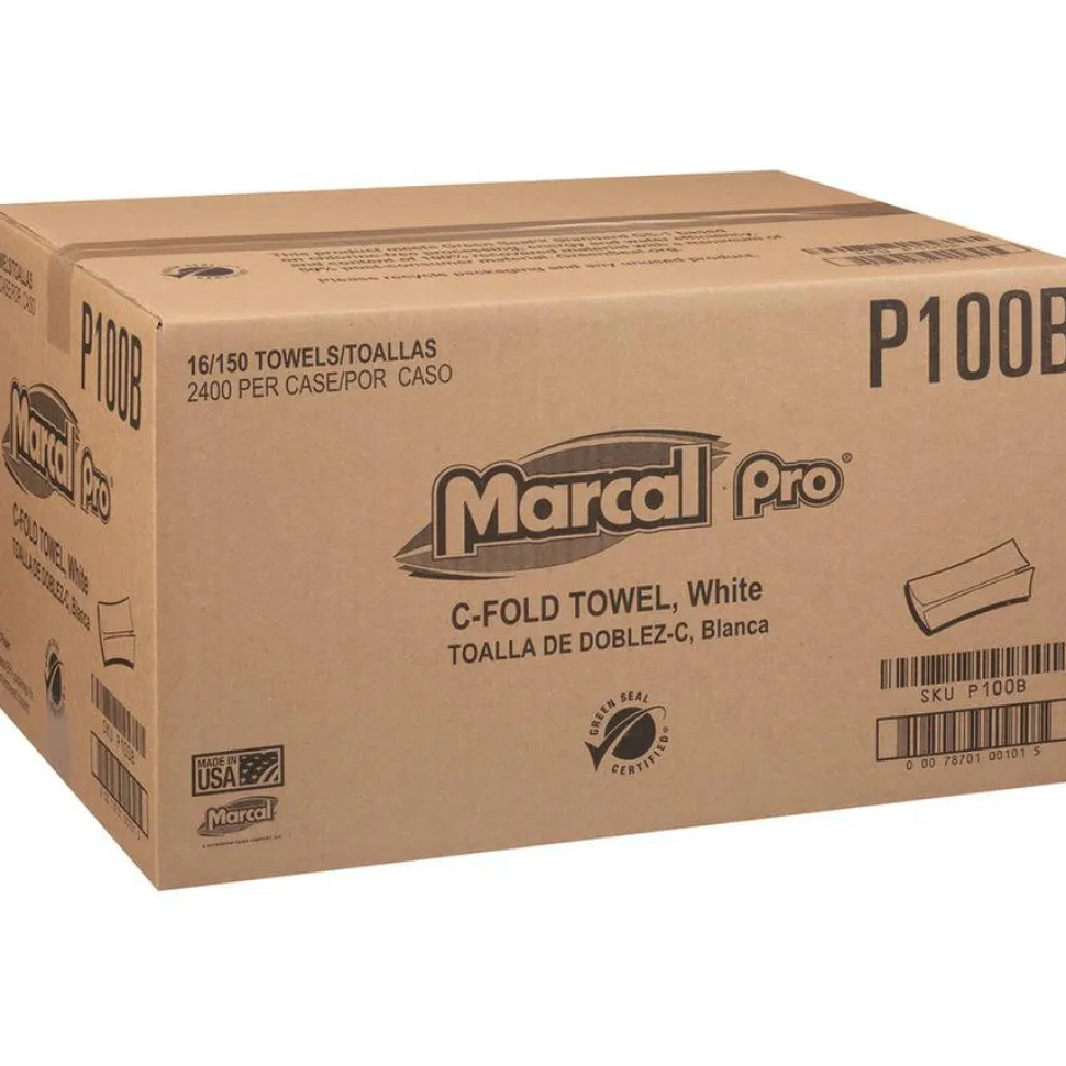 Marcal PRO 100% Recycled Folded Paper Towels, C-Fold, 1-Ply, 12.88 x 10.13, White, 150/Pack, 16 Packs/Carton