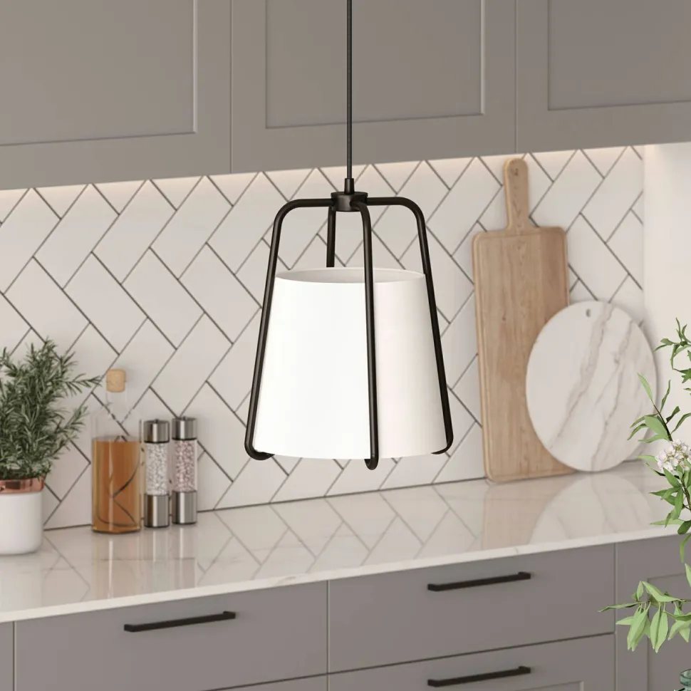 Marduk 11" Wide Pendant with Fabric Shade in Blackened Bronze/White