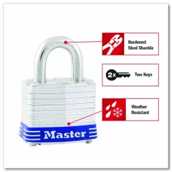Master Lock Four-Pin Tumbler Lock, Laminated Steel Body, 1.12" Wide, Silver/Blue, 2 Keys