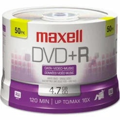 Maxell DVD+R Recordable Media Spindle, 4.7GB/120 Minutes, Pack Of 50
