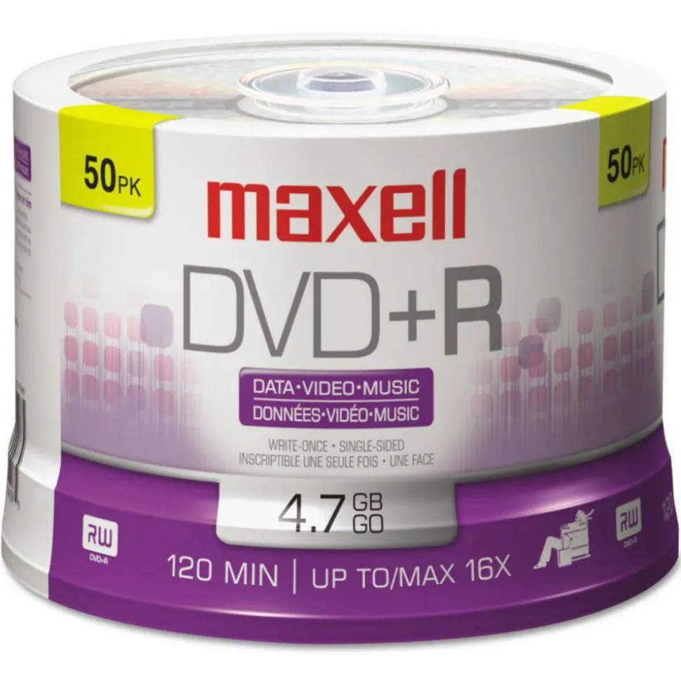 Maxell DVD+R Recordable Media Spindle, 4.7GB/120 Minutes, Pack Of 50