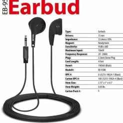 Maxell EB-95 Stereo Earbuds, 3 ft Cord, Black