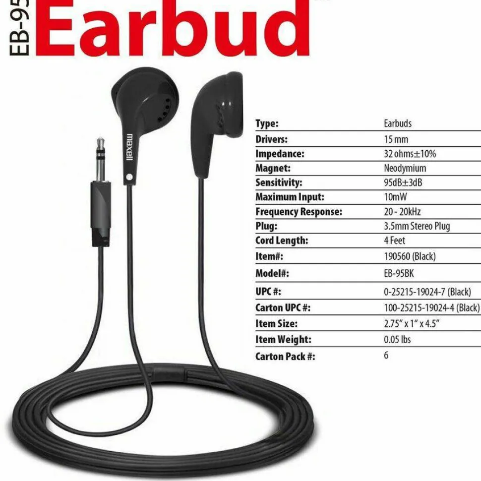 Maxell EB-95 Stereo Earbuds, 3 ft Cord, Black