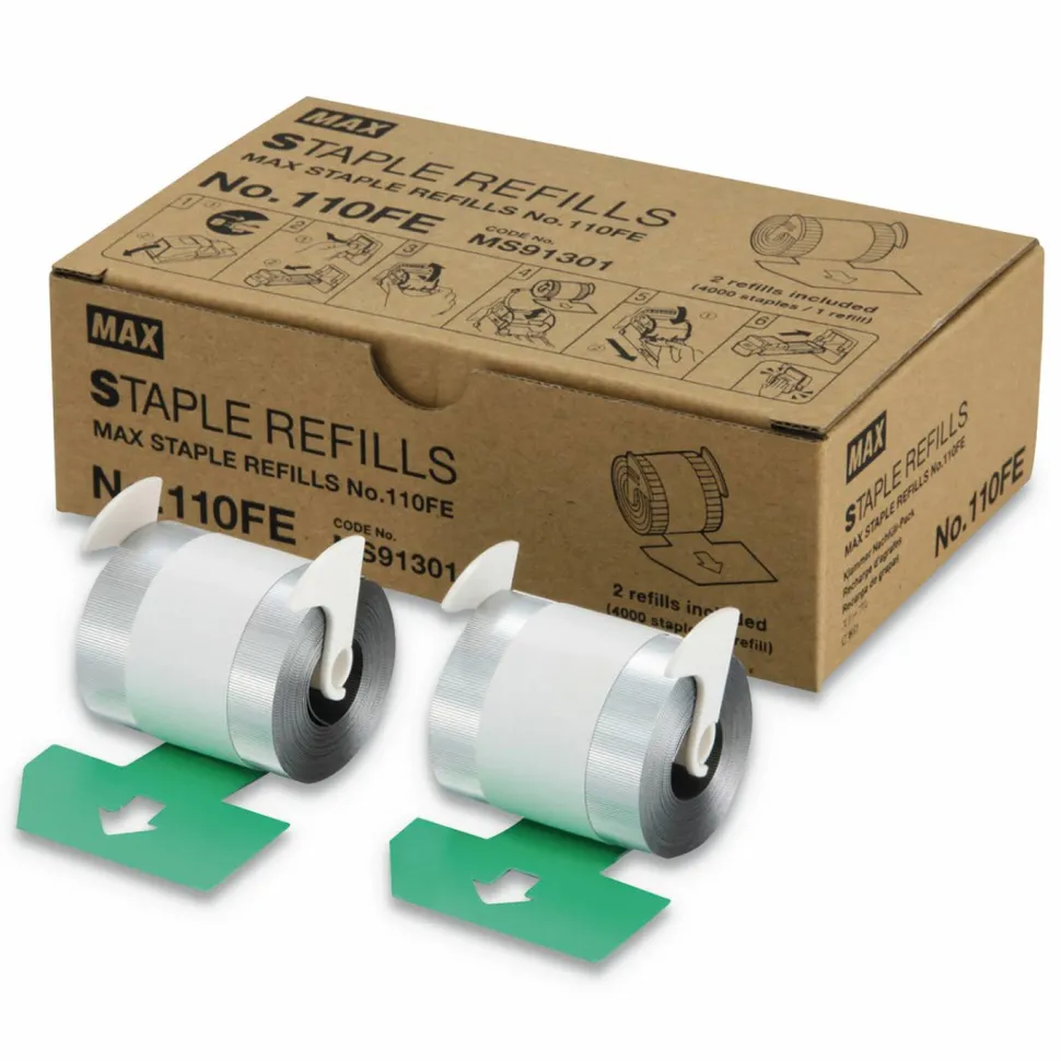 MAX Staple Refills No.110FE, 0.56" Leg, 0.5" Crown, Silver, 4,000/Cartridge, 2 Cartridges/Box, 8,000/Box