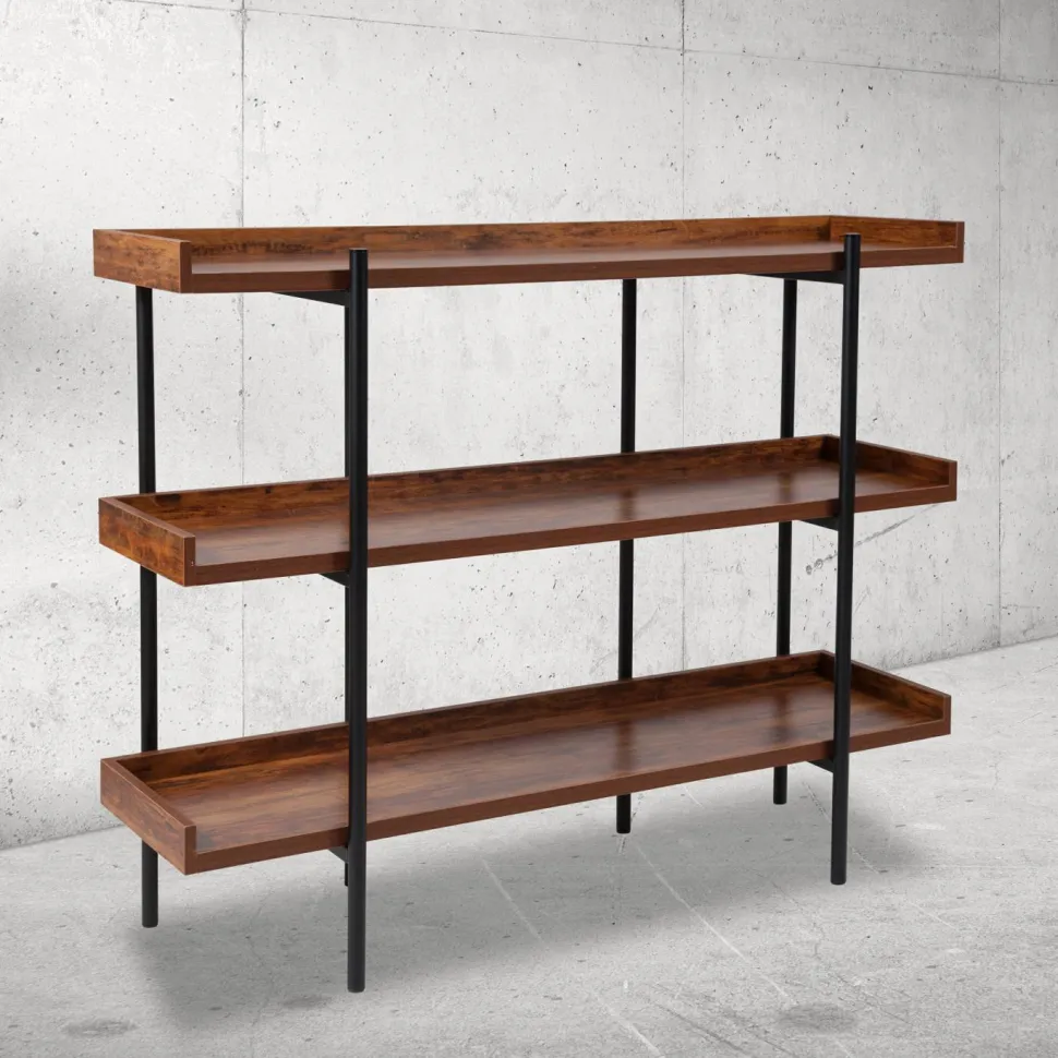 Mayfair 3 Shelf 35"H Storage Display Unit Bookcase with Black Metal Frame in Rustic Wood Grain Finish