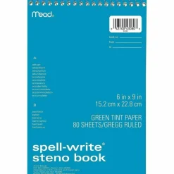 Mead Spell-Write Steno Book - 80 Sheets - Wire Bound - 6" x 9" Sheet Size - Green Paper - Cardboard Cover - 1 Each