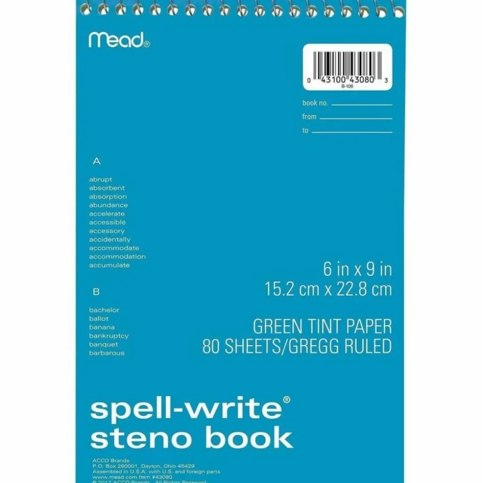 Mead Spell-Write Steno Book - 80 Sheets - Wire Bound - 6" x 9" Sheet Size - Green Paper - Cardboard Cover - 1 Each