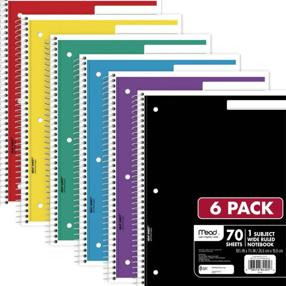 Mead Spiral Notebooks, 7-1/2" x 10-1/2", 1 Subject, Wide Ruled, 70 Sheets, Assorted Colors, Pack Of 6 Notebooks