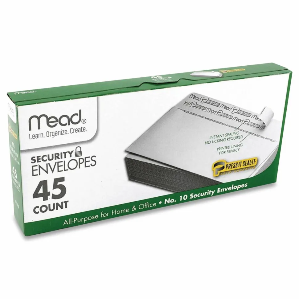 Mead Press-it Seal-it Self-Adhesive Security Envelope, #10, Monarch Flap, Self-Adhesive Closure, 4.25 x 9.13, White, 45/Box
