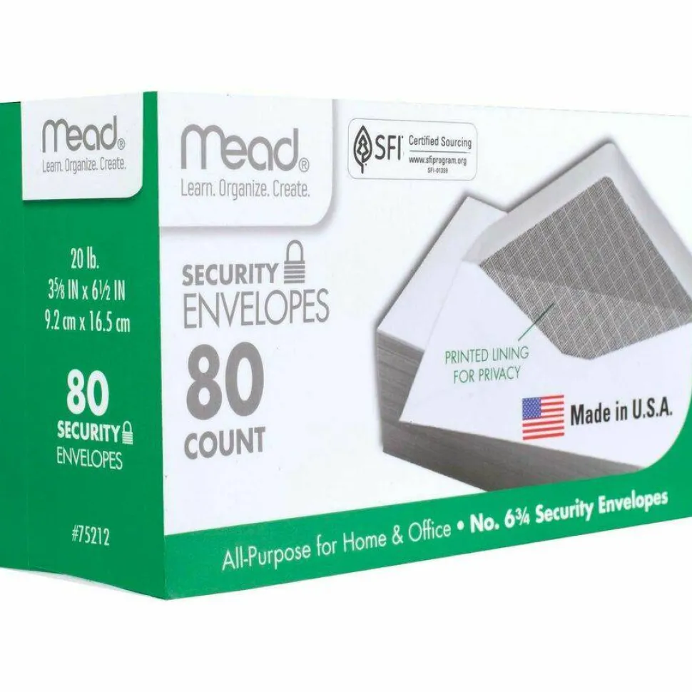 Mead White Security Envelopes - Security - #6 3/4 - 6 1/2" Width x 3 5/8" Length - 20 lb - Gummed - Wove - 80 / Box - White