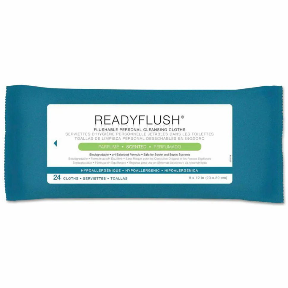 Medline ReadyFlush Flushable Wipes, 1-Ply, 8 x 12, White, 24/Pack, 24 Packs/Carton
