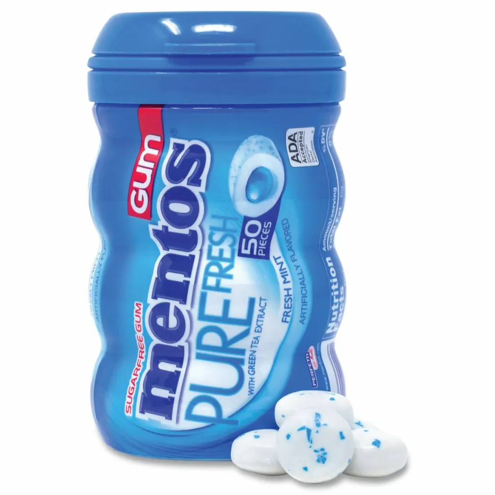 Mentos Pure Fresh Gum Variety Pack, Fresh Mint/Spearmint, 50 Pieces/Bottle, 8 Bottles/Carton