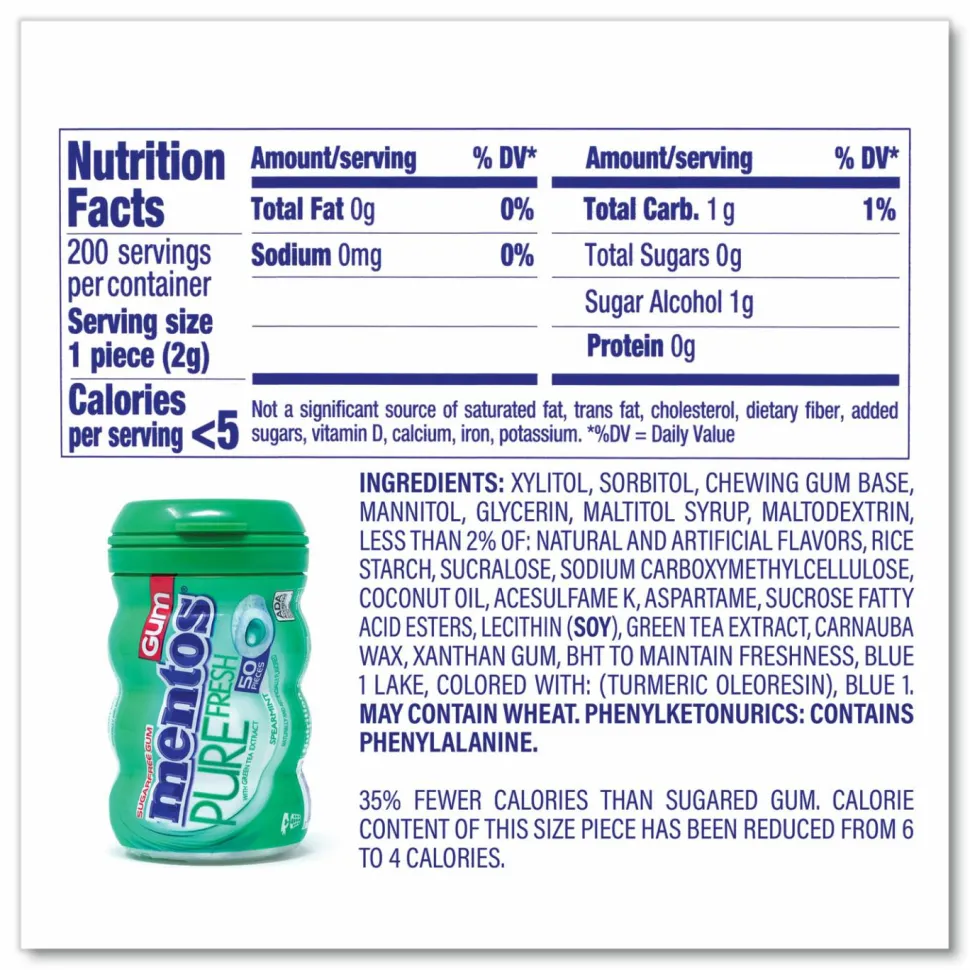 Mentos Pure Fresh Gum Variety Pack, Fresh Mint/Spearmint, 50 Pieces/Bottle, 8 Bottles/Carton