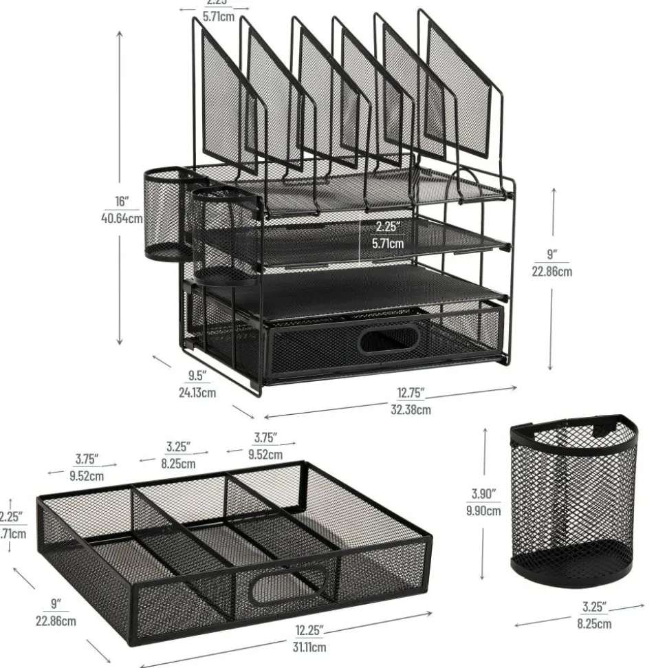 Mesh Desk Organizer With Vertical Storage And Pen Holders, 16"H x 12-3/4"W x 9-1/2"D, Black