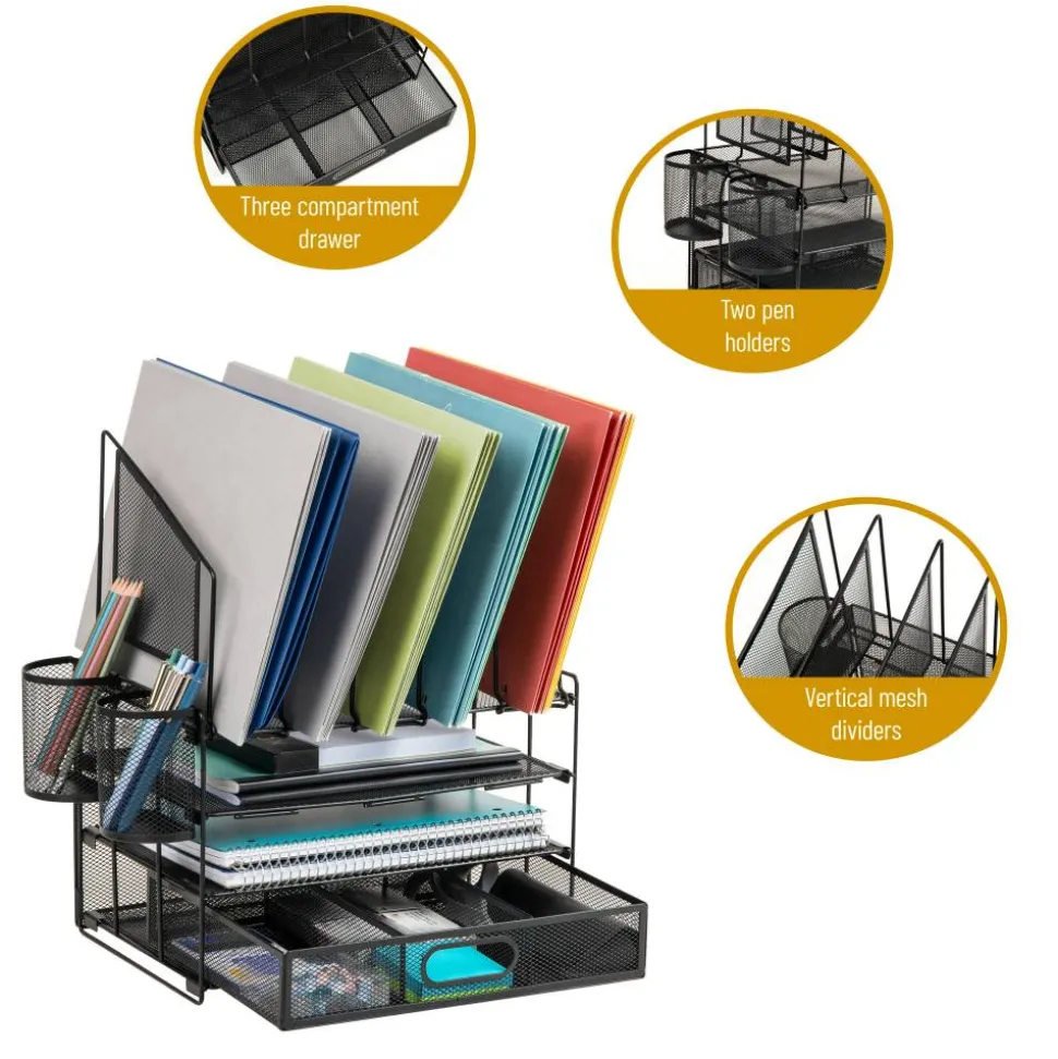 Mesh Desk Organizer With Vertical Storage And Pen Holders, 16"H x 12-3/4"W x 9-1/2"D, Black