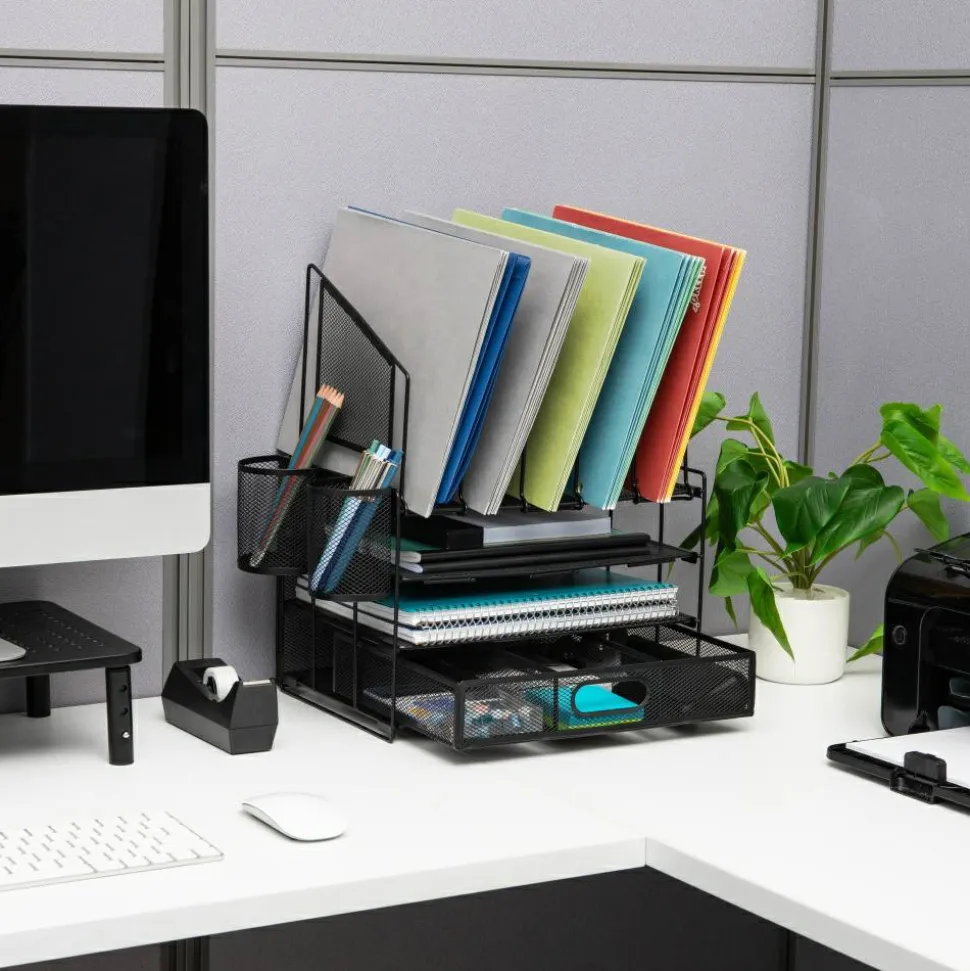 Mesh Desk Organizer With Vertical Storage And Pen Holders, 16"H x 12-3/4"W x 9-1/2"D, Black