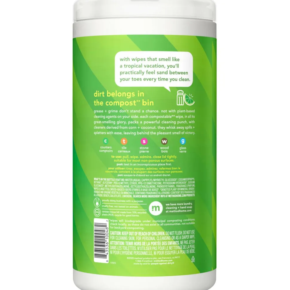 Method All Purpose Cleaning Wipes, 1 Ply, Lime and Sea Salt, White, 70/Canister, 6/Carton