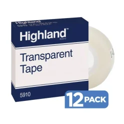3M Highland 5910 Transparent Tape, 1/2" x 1,296, Pack Of 12