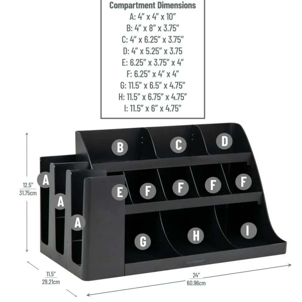 Mind Reader 14-Compartment/3-Tier Coffee Cup And Condiment Countertop Organizer, 12-1/2"H x 11-1/2"W x 24"L, Black