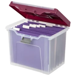Mobile File Box, Large, Letter Size, 11 5/8"H x 13 3/6"W x 10"D, Clear/Burgundy