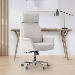 Modern Comfort Pizana Bouclé Fabric High-Back Executive Office Chair, Light Sand/Brushed Nickel, BIFMA Compliant