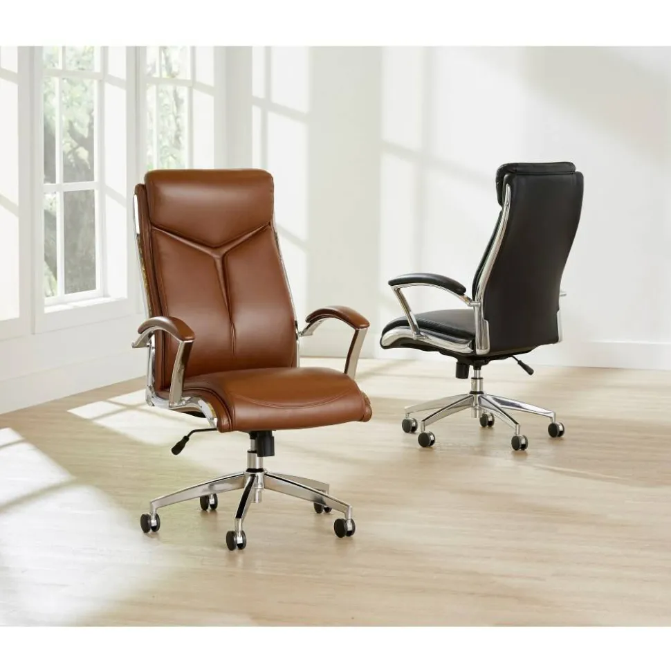 Modern Comfort Verismo Bonded Leather High-Back Executive Office Chair, Brown/Chrome, BIFMA Compliant